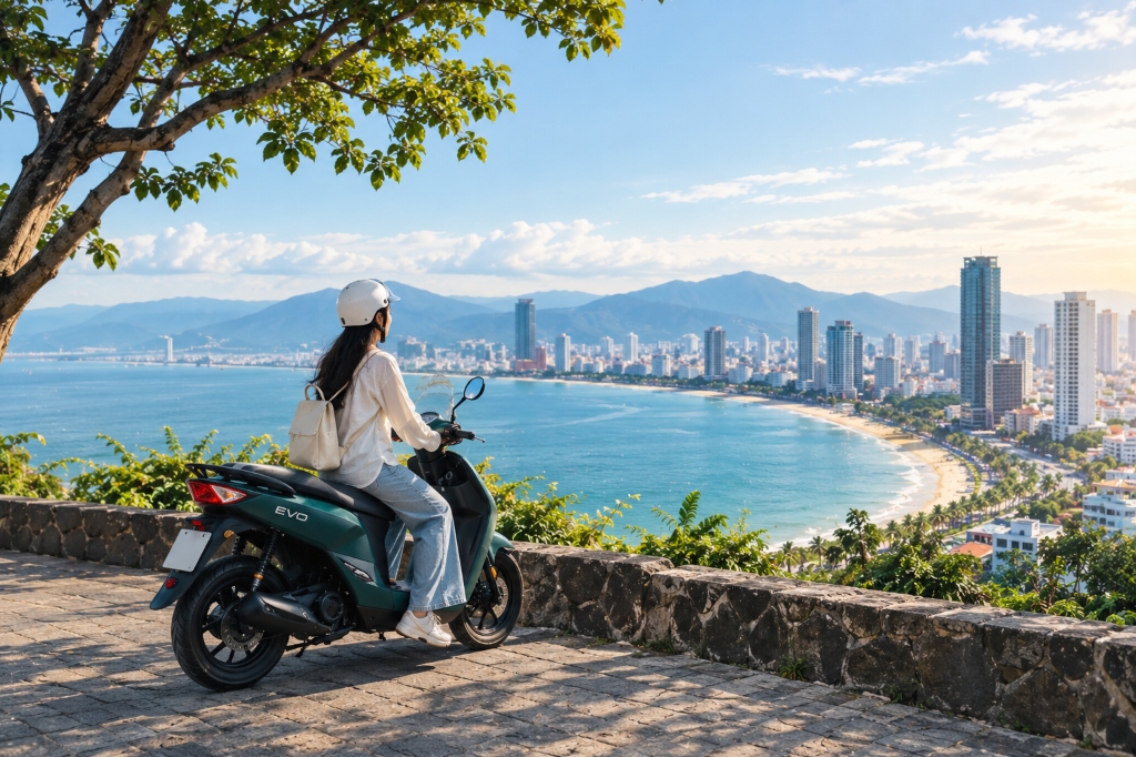 Renter riding a VinFast electric scooter overlooking Da Nang bay from Son Tra Peninsula on a clear October morning